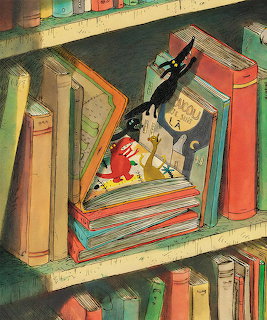 Cat and Monster in Bookshelf