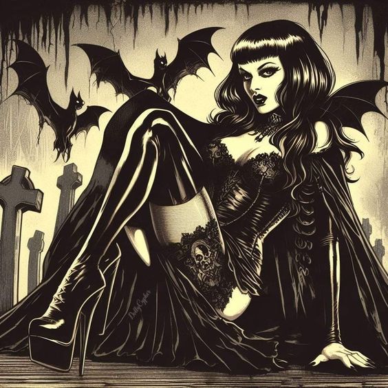 Gothic vampire woman in dramatic cape surrounded by flying bats in sepia-toned illustration