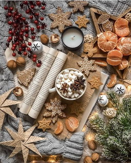 Christmas flat lay with cocoa, gingerbread cookies, dried oranges, ornaments, and fir branches