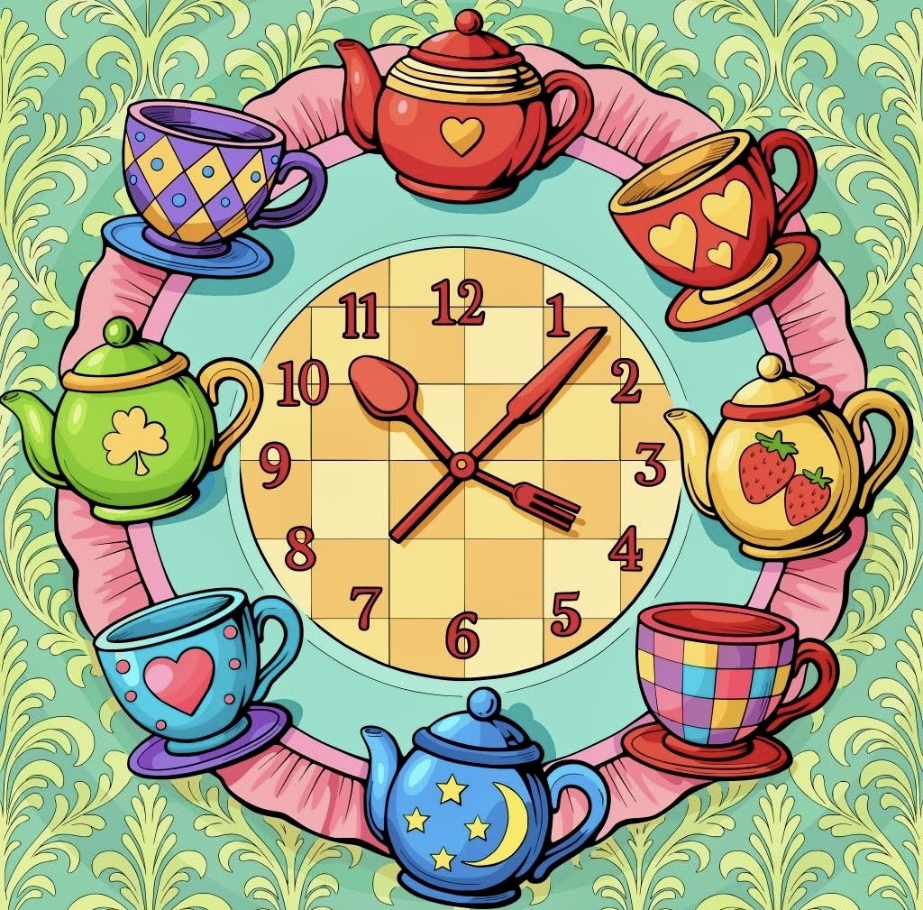 Colorful teacups and teapots arranged around clock face on decorative background