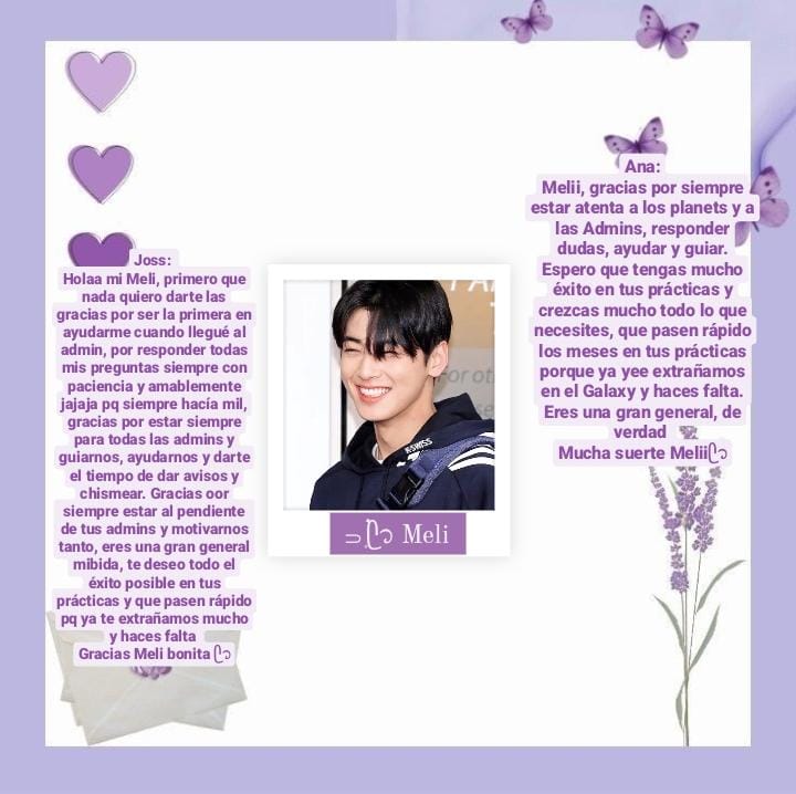 Purple scrapbook collage with a smiling young man, butterflies, hearts, flowers, and Spanish text