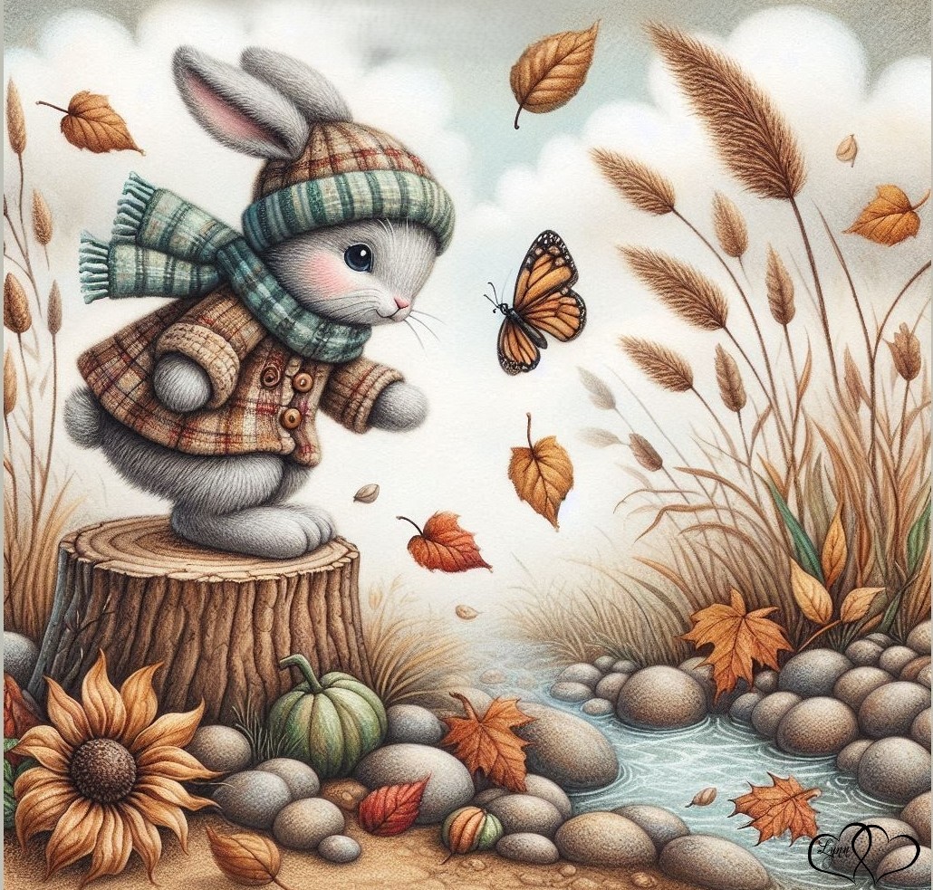 Illustrated bunny in autumn clothing standing on a stump watching a butterfly with falling leaves and a stream