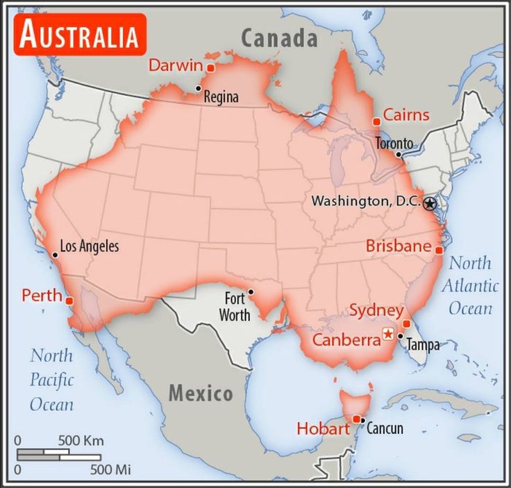 Map of Australia overlaid on North America showing size comparison with labeled cities