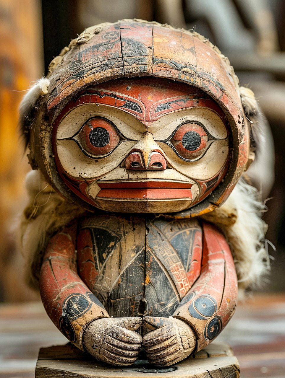 Vintage carved wooden figure with painted face, large eyes, and fur trim showing aged patina