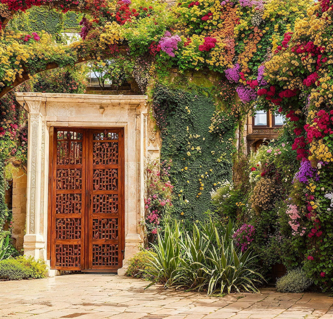 Ornate wooden doorway surrounded by colorful flowering vines and green plants