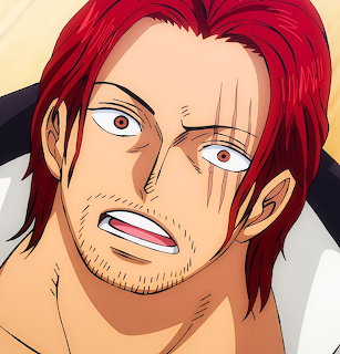 Close-up anime portrait of red-haired male character Shanks with facial scars and blue eyes