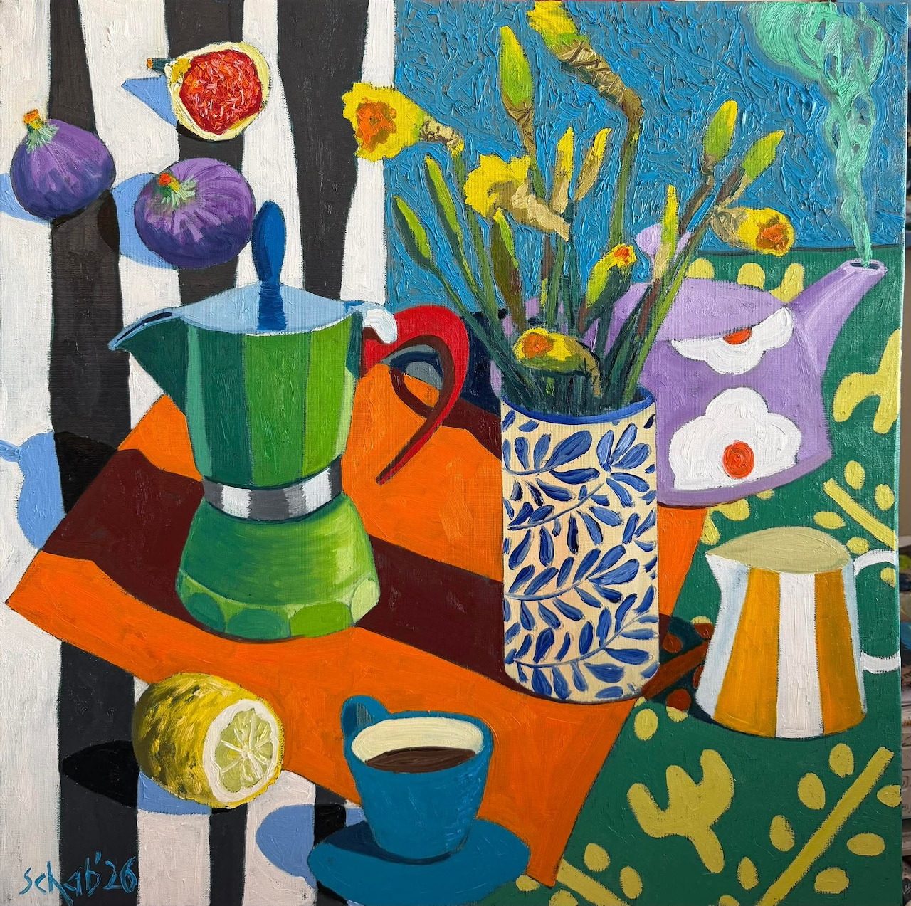 Vibrant still life painting with green coffee pot, yellow flowers in patterned vase, and blue cup on striped table