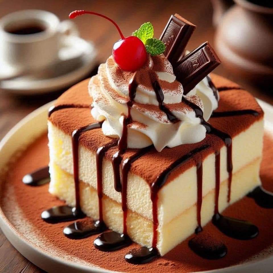 Slice of creamy cake with whipped cream, cherry, chocolate pieces, and chocolate sauce on a plate
