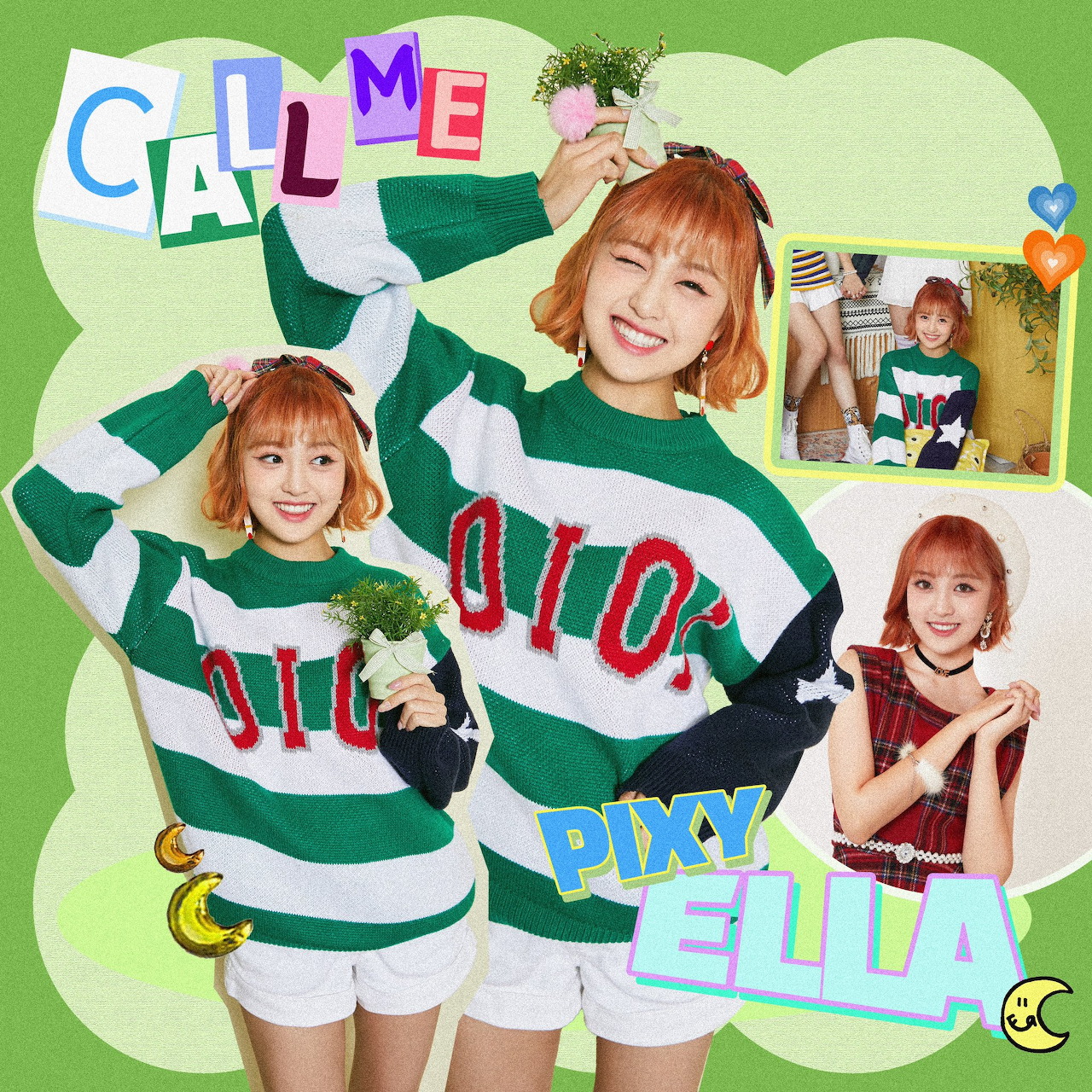 Colorful collage of Ella from Pixy wearing a green-and-white striped sweater in multiple poses
