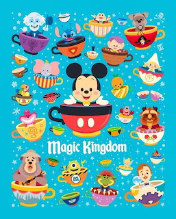 Colorful cartoon of Mickey Mouse and other Disney characters riding teacups on a blue background