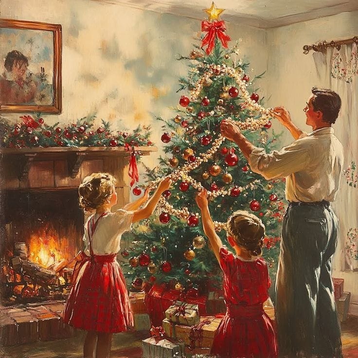 Vintage-style painting of a family decorating a Christmas tree by a fireplace