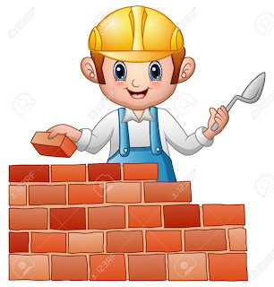 Cartoon builder child in a yellow hard hat holding a trowel and brick behind a brick wall
