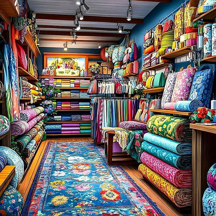 Colorful fabric shop interior with bolts of cloth, patterned textiles, and pillows on wooden shelves
