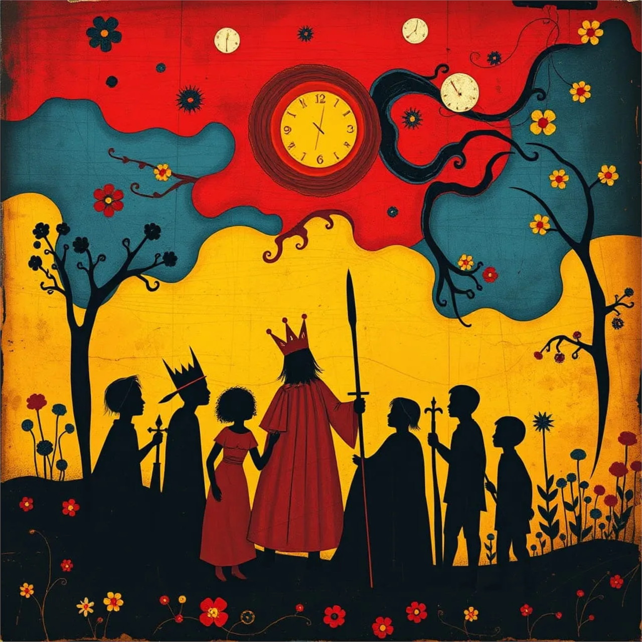 Silhouettes of children with one wearing a crown and cape against a colorful sunset with stylized trees