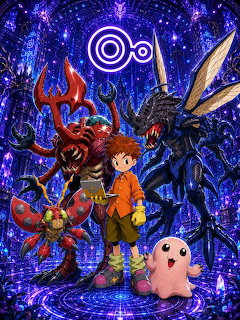 Anime boy with several fantasy monsters in a glowing purple cosmic scene
