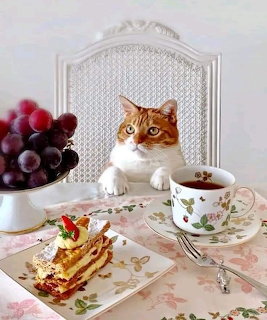 Orange and white cat sitting behind a tea table with cake slice, teacup, and grapes