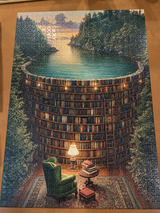 Circular tower lined with bookshelves opens to sky, person reading in chair at center, water and trees visible through opening