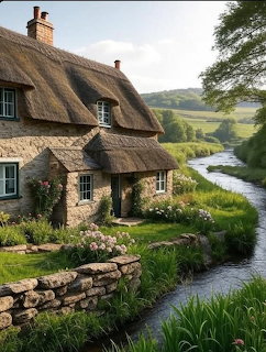 Traditional stone cottage with thatched roof next to stream in green countryside