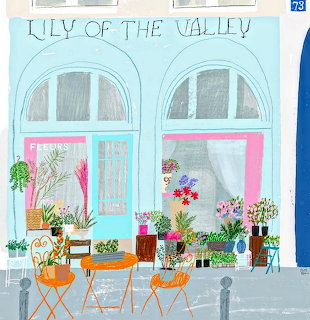 Illustrated flower shop exterior with blue walls, arched windows, outdoor seating, and colorful potted flowers