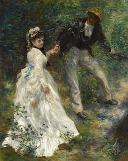 Impressionist painting of couple in 19th century dress walking in garden, woman in white gown, man in dark suit