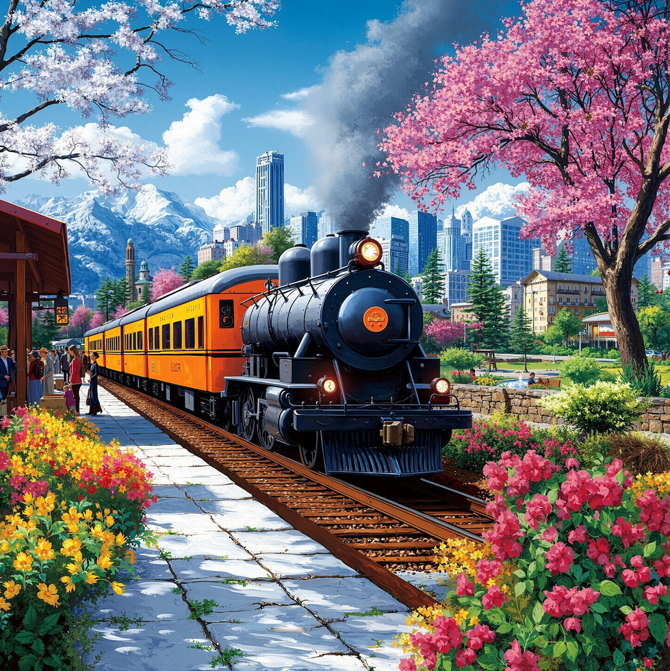 Orange steam train on tracks through spring garden with pink cherry blossoms, yellow flowers, mountains and city buildings