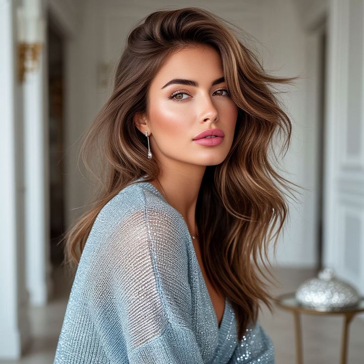 Portrait of a brunette woman with long wavy hair wearing a shimmering silver top indoors