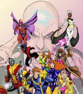 X-Men comic illustration with Professor X, Magneto, Storm, Colossus, Jean Grey and other mutant heroes