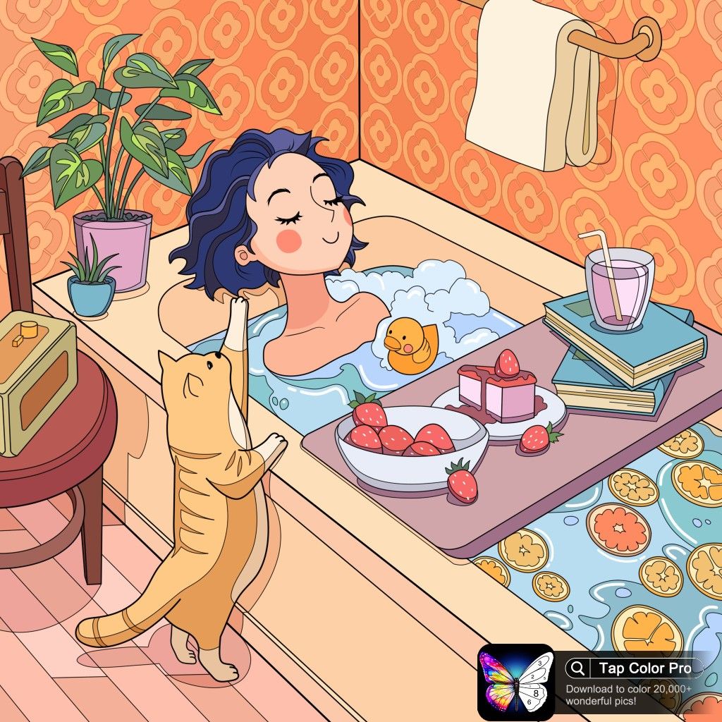 Orange cat lounging in bathtub with bubbles, citrus slices, towel rack, and potted plant in cozy bathroom
