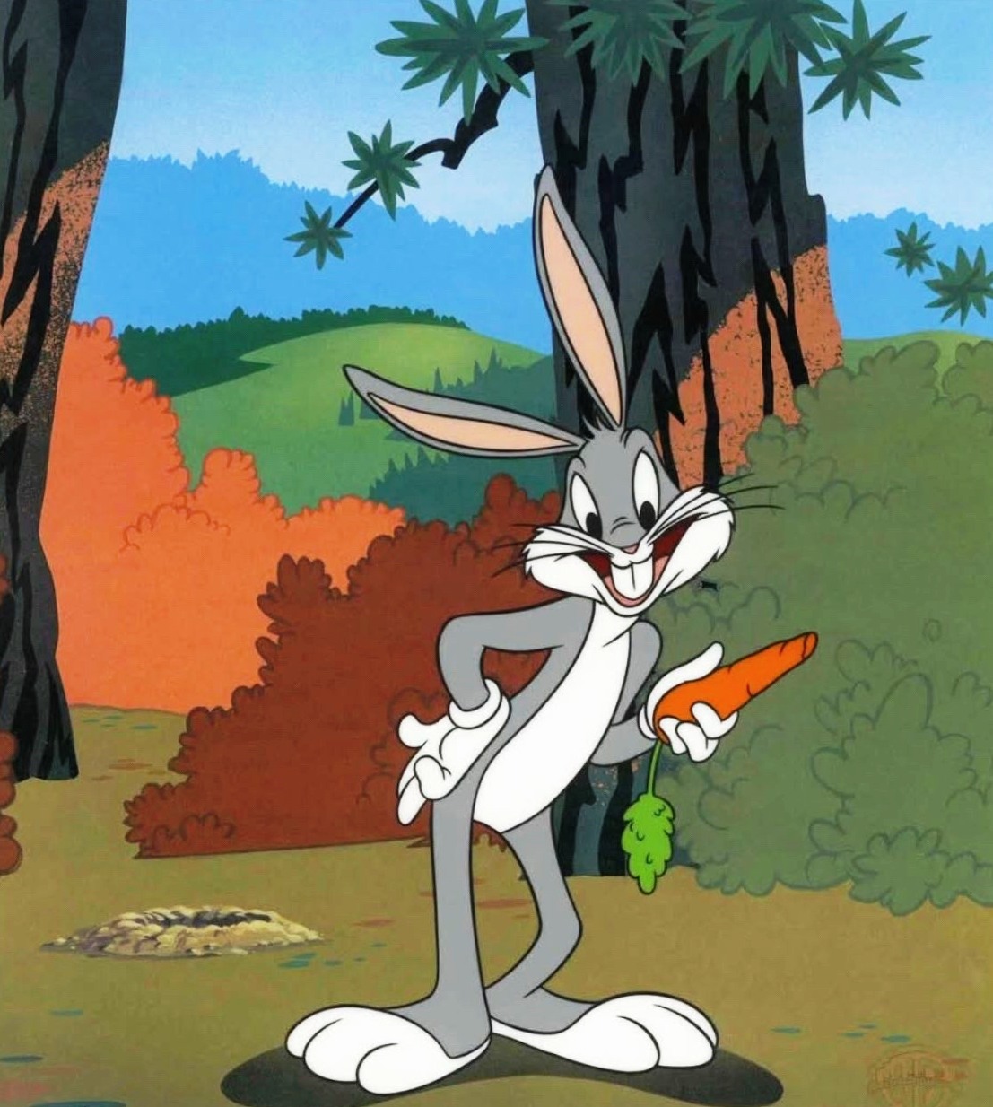 Bugs Bunny cartoon character holding a carrot, standing in a forest clearing with trees and bushes.