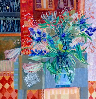 Colorful painting of flowers in a vase with patterned decorative background