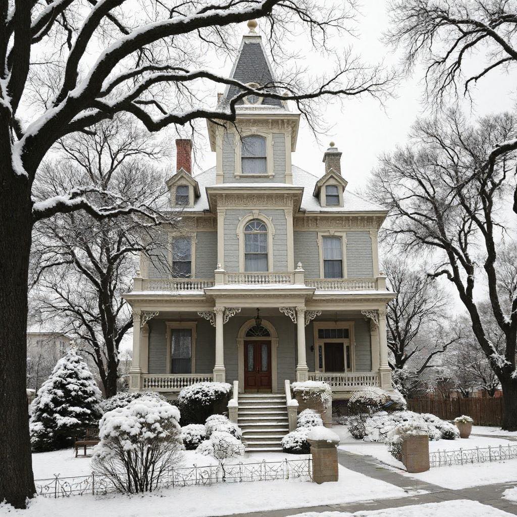 Victorian mansion with tower in snowy landscape with bare trees