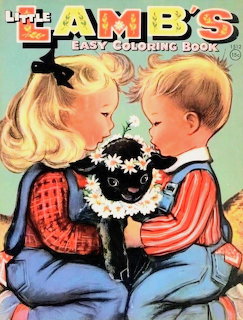 Vintage illustration of a young girl and boy holding a black lamb while seated together.