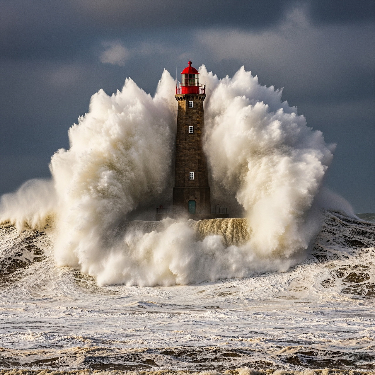 Lighthouse surrounded by enormous crashing waves during a storm with dark cloudy sky