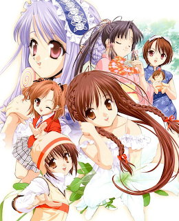 Anime illustration of five girls in colorful outfits clustered together