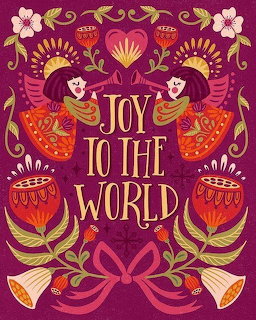 Folk art Christmas illustration with Joy to the World text, birds, flowers, bells, and heart on purple background