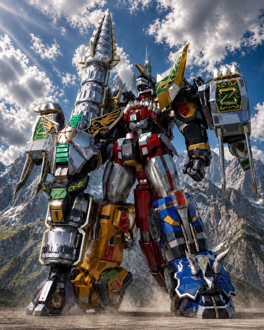Power Rangers Megazord robot in front of castle with cloudy sky