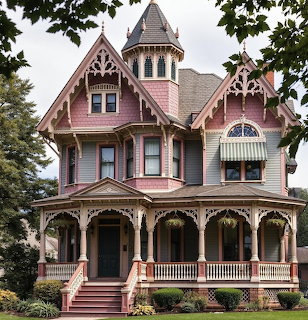 Pink Victorian house with turret, ornate porch, and decorative trim surrounded by evergreen trees