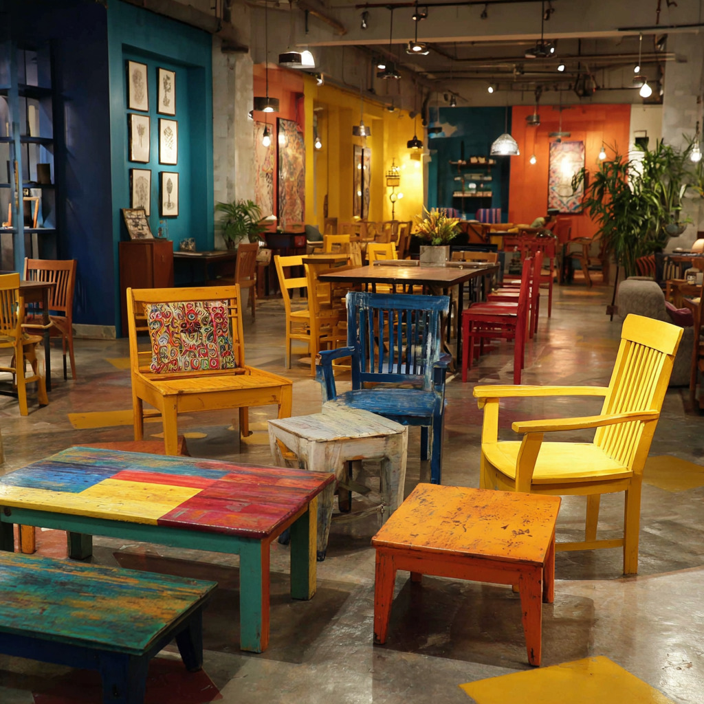 Colorful wooden chairs and tables arranged inside a rustic room