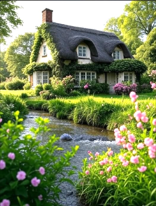 Thatched cottage with white walls behind a garden stream and pink flowers