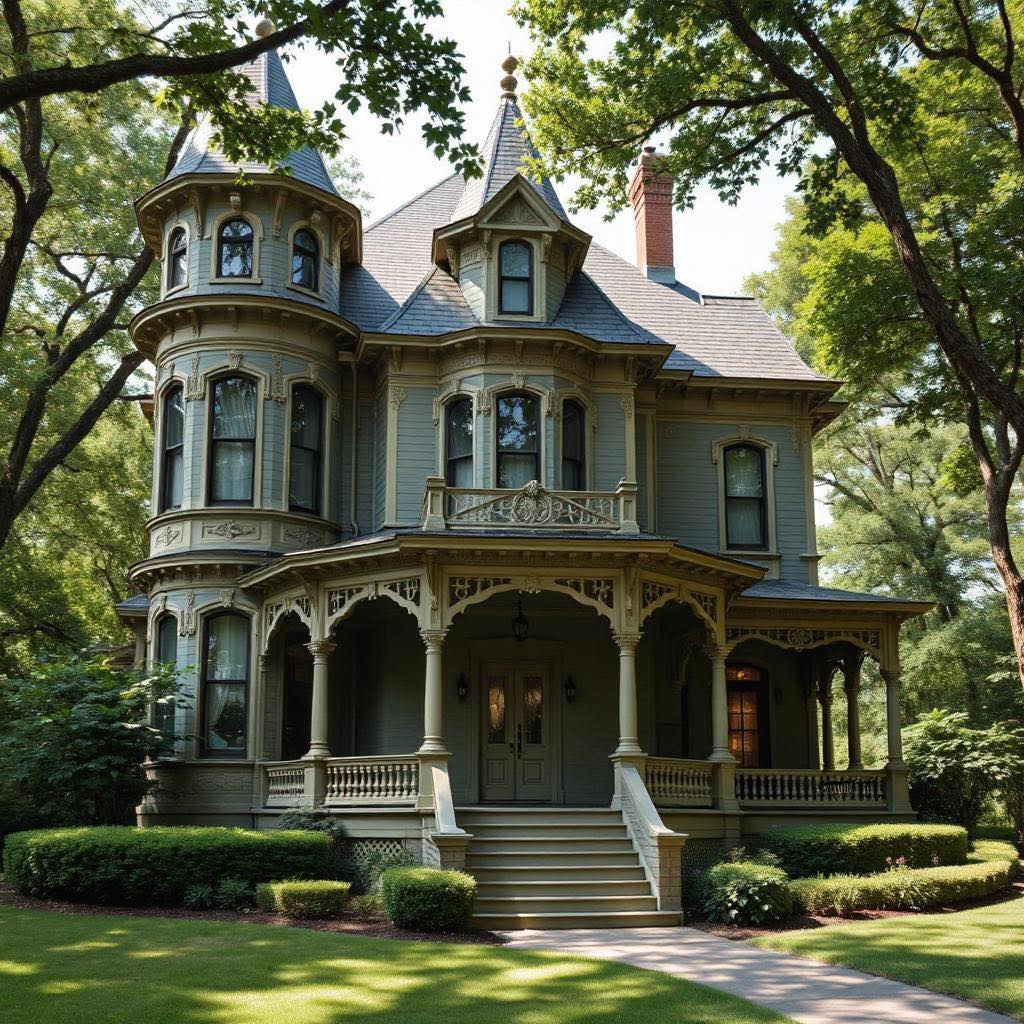 Victorian mansion with turret and ornate architectural details in wooded setting