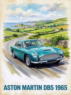 Illustration of a teal 1965 Aston Martin DB5 on a coastal road with green countryside and ocean