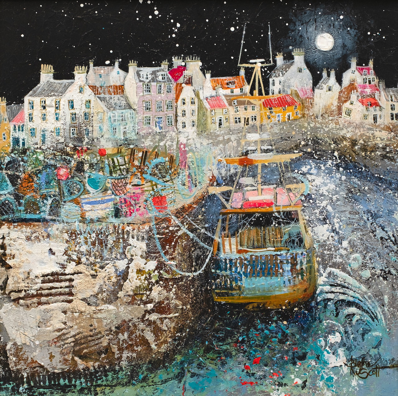 Textured painting of harbor with boats and coastal village buildings under moonlight