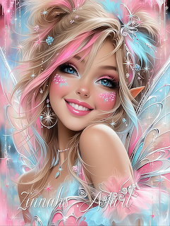 Digital illustration of a smiling fairy girl with pink and blue hair, glitter makeup, and translucent wings