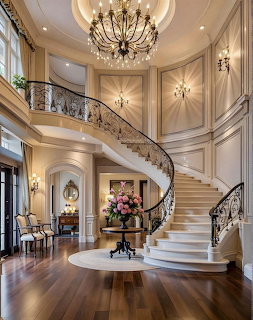 Elegant mansion foyer with curved staircase, chandelier, flowers, and polished wood floor