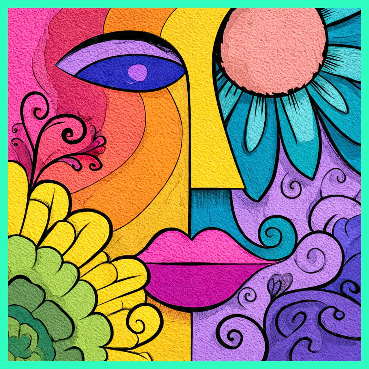 Colorful abstract face illustration with flower petals and swirling decorative patterns
