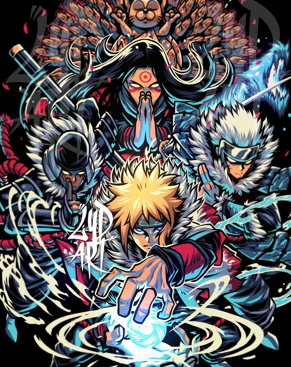 Colorful anime illustration of Naruto Hokages with energy effects on a dark background
