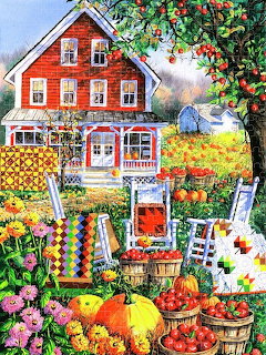 Painting of a red farmhouse with quilts, apple trees, pumpkins, flower garden, and autumn harvest scene