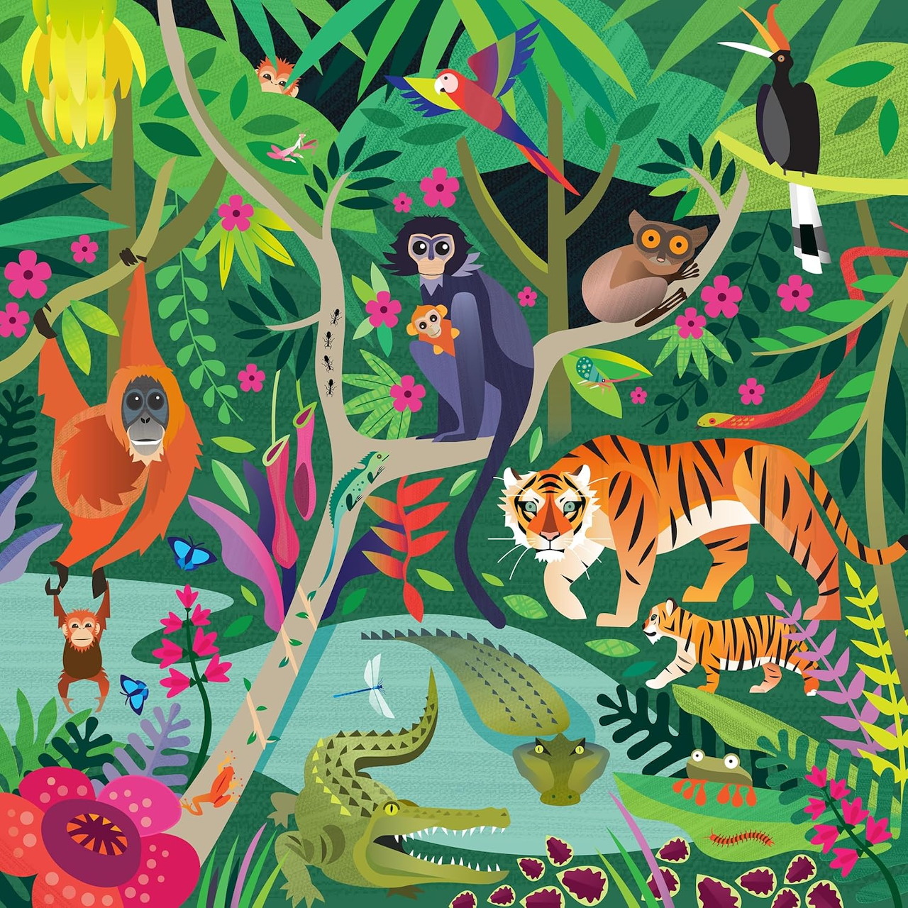 Vibrant jungle scene with tiger, monkeys, birds, crocodile and tropical plants in illustrated style