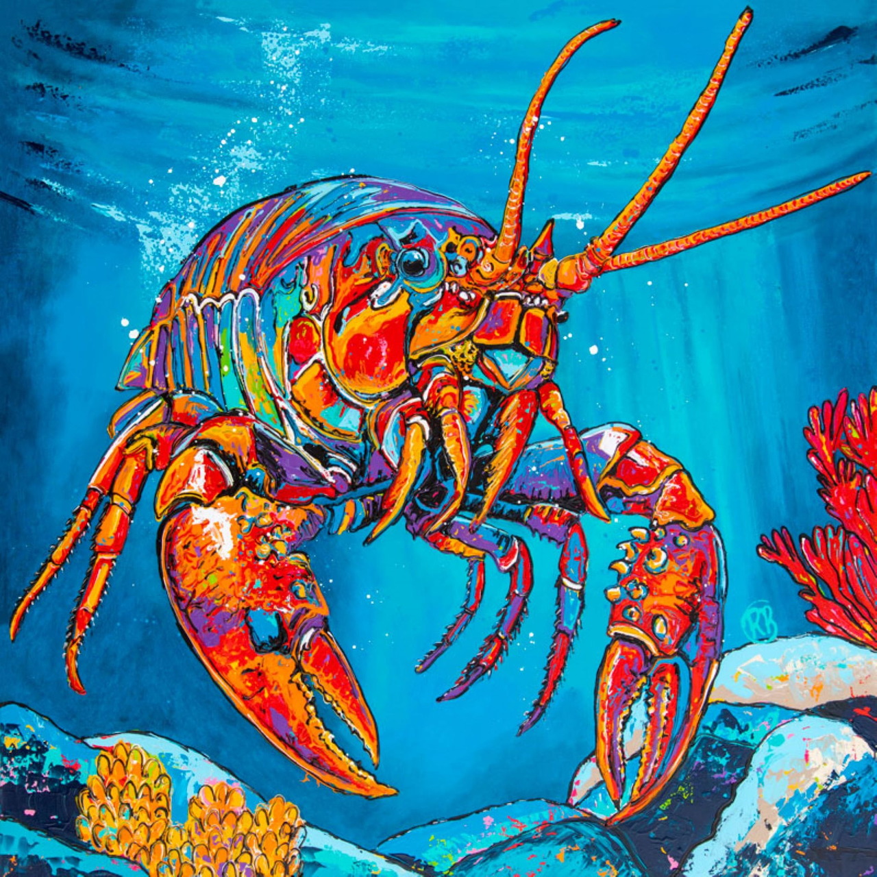 Brightly colored artistic lobster with rainbow patterns swimming underwater in blue ocean