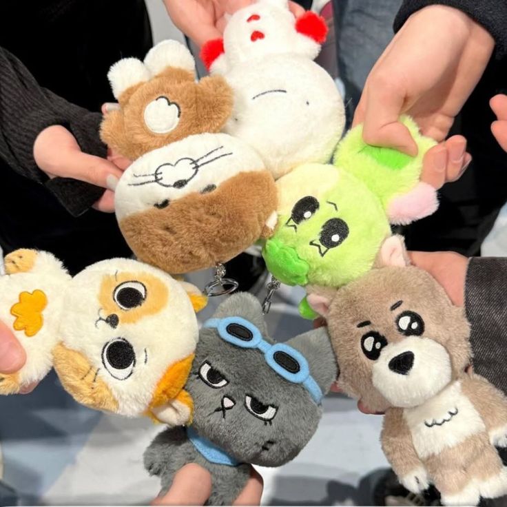 Hands holding a cluster of cute plush animal keychains with cartoon faces